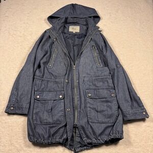 GH Bass Denim Hooded Anorak Jacket Women Size M Blue Cotton Utility Pockets